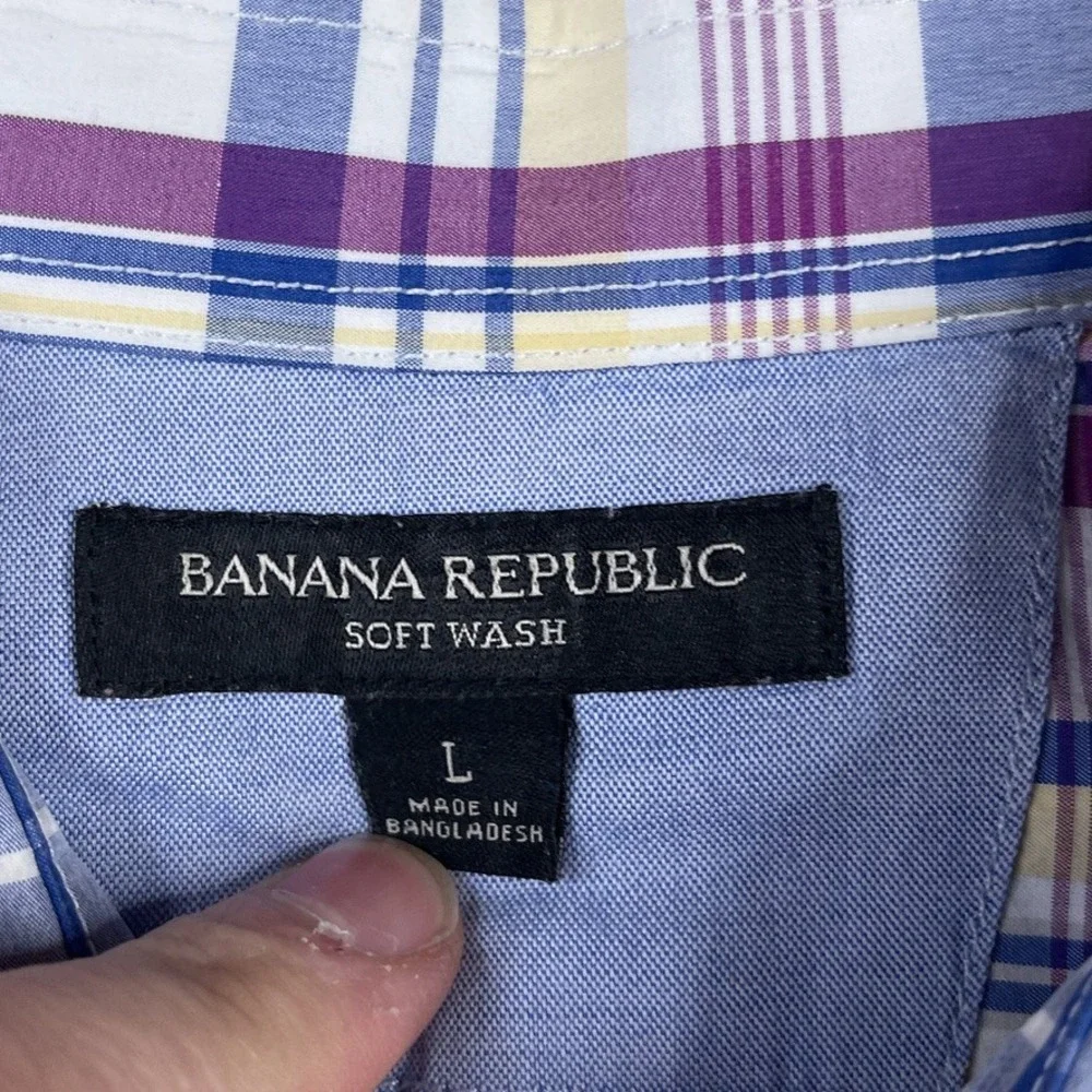 Banana Republic Shirt Mens Large Purple Plaid Soft‎ Wash Button Up Business